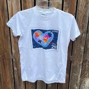 Vintage Love Stamp T-Shirt Youth Large 1991 Heart Globe Kids Shirt Single Stitch